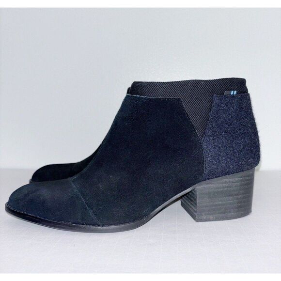TOMS Black Loren Suede Wool Blend Stacked Heel Ankle Bootie Womens 8.5 - Picture 3 of 12